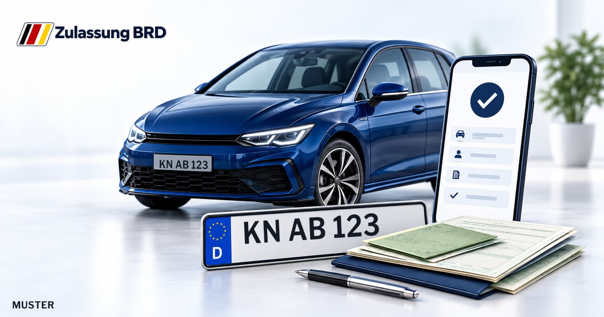 Online Fahrzeugzulassung in Engen: Musterkennzeichen KN AB 123, Auto und Fahrzeugpapiere und Smartphone. Illustration mit Logo von Zulassung BRD.